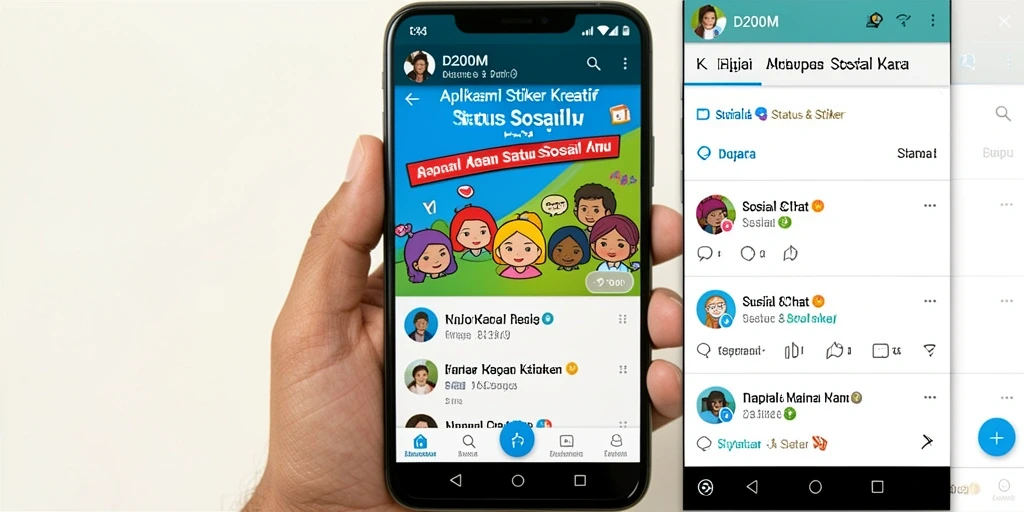 Screenshot antarmuka D200M menampilkan pilihan stiker yang beragam untuk status sosial.